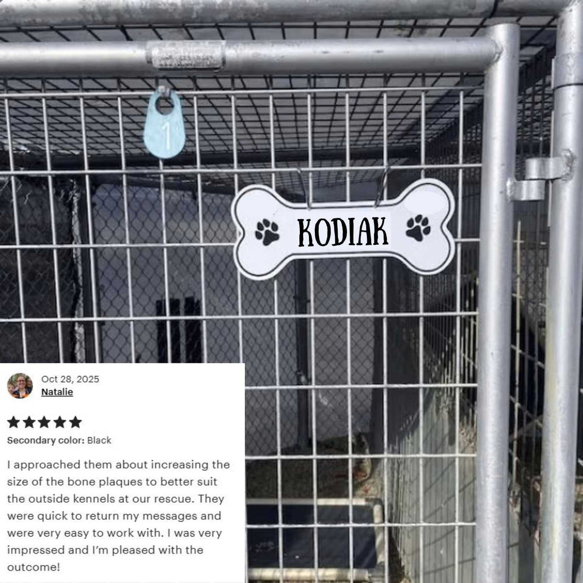 Pet parent reviewing Noble Heritage custom personalized dog crate tag