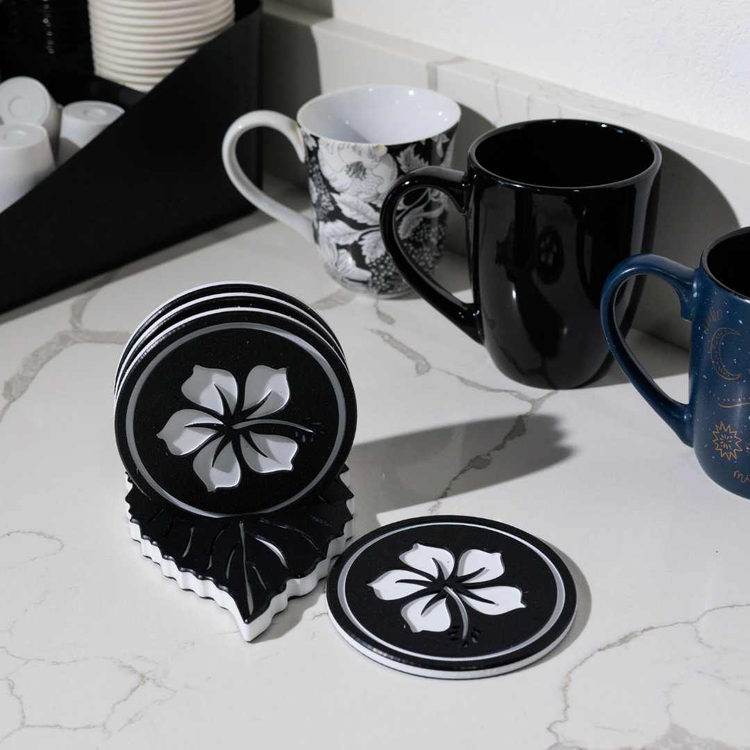 Hibiscus Drink Coaster Set with Leaf Holder