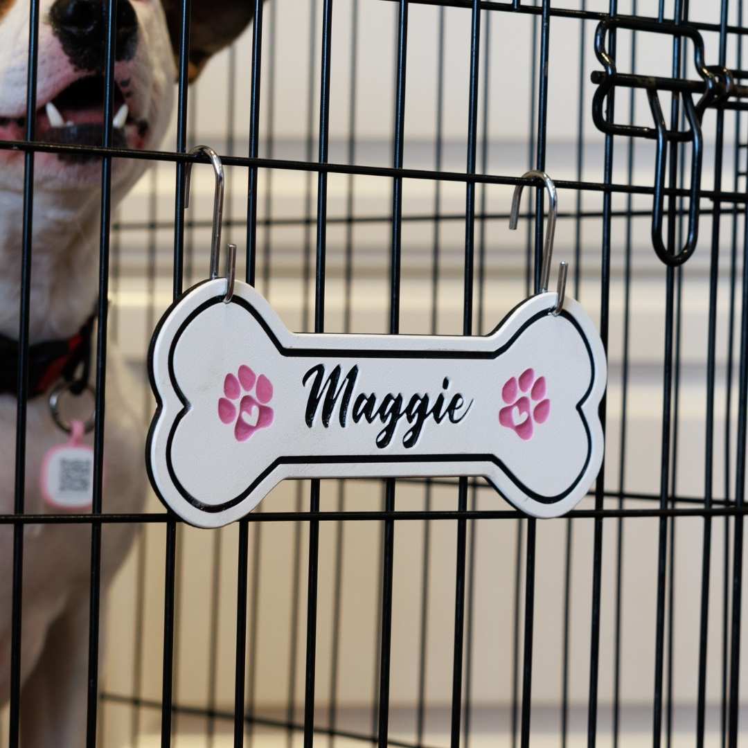 Personalized Dog Crate Tag (Laminate Plastic) – Custom Kennel Name Plate with Color Fill + Fun Fonts