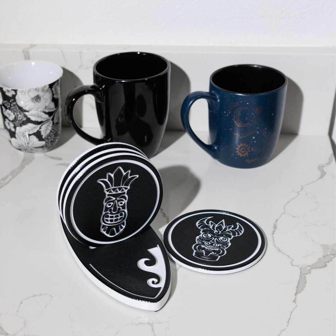 Tiki Drink Coaster Set with Holder