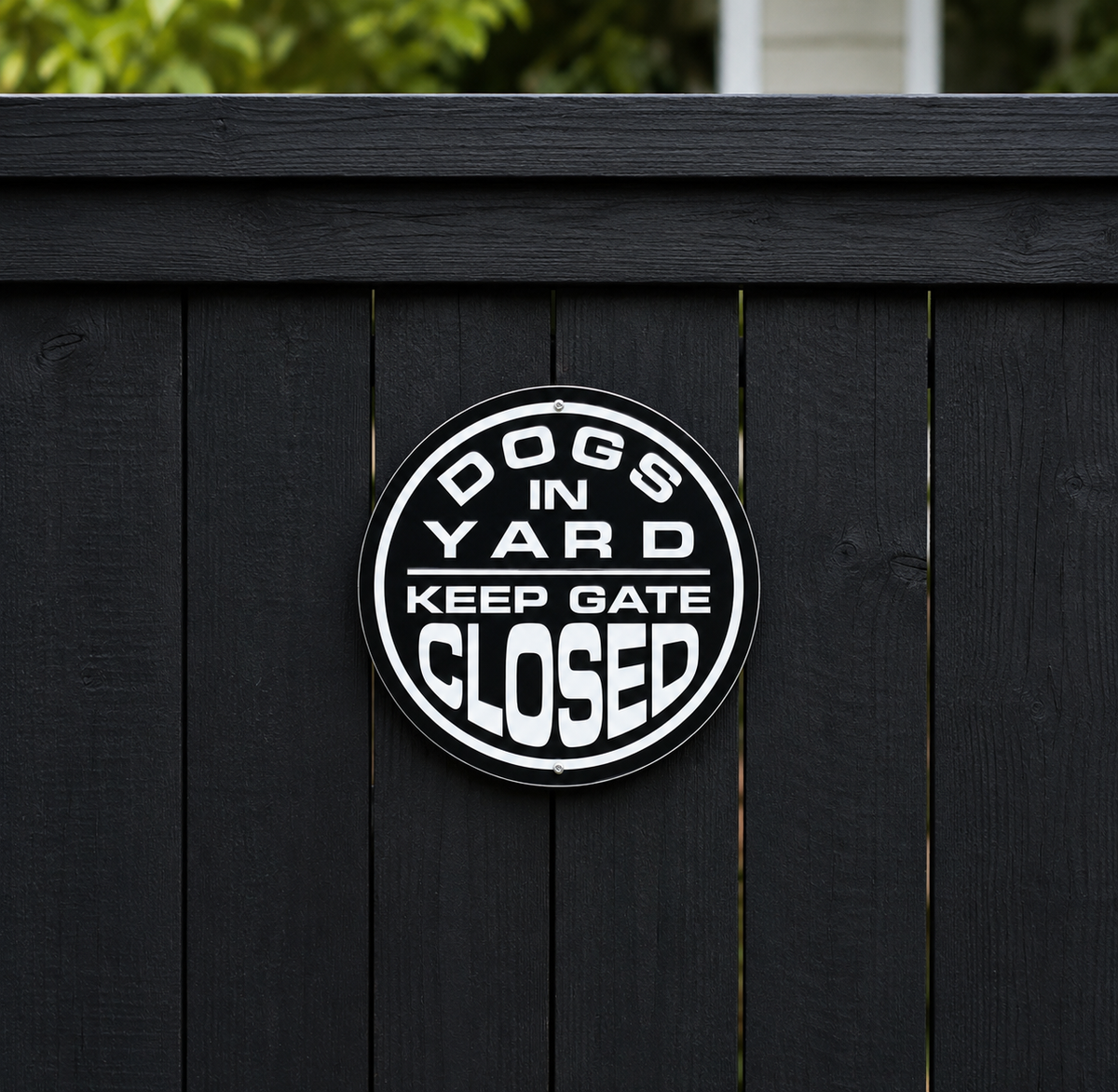Circular Aluminum Dogs in Yard Keep Gate Closed Sign