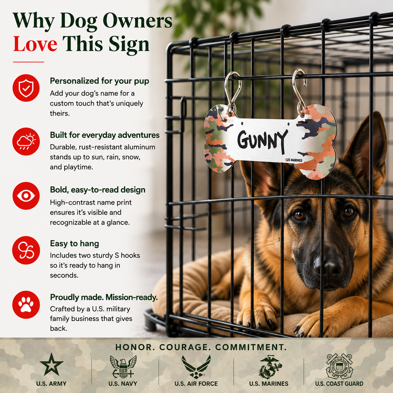 Proud Paws Military Camo Dog Bone Crate Tag — Writable Aluminum | All Branches | Noble Heritage