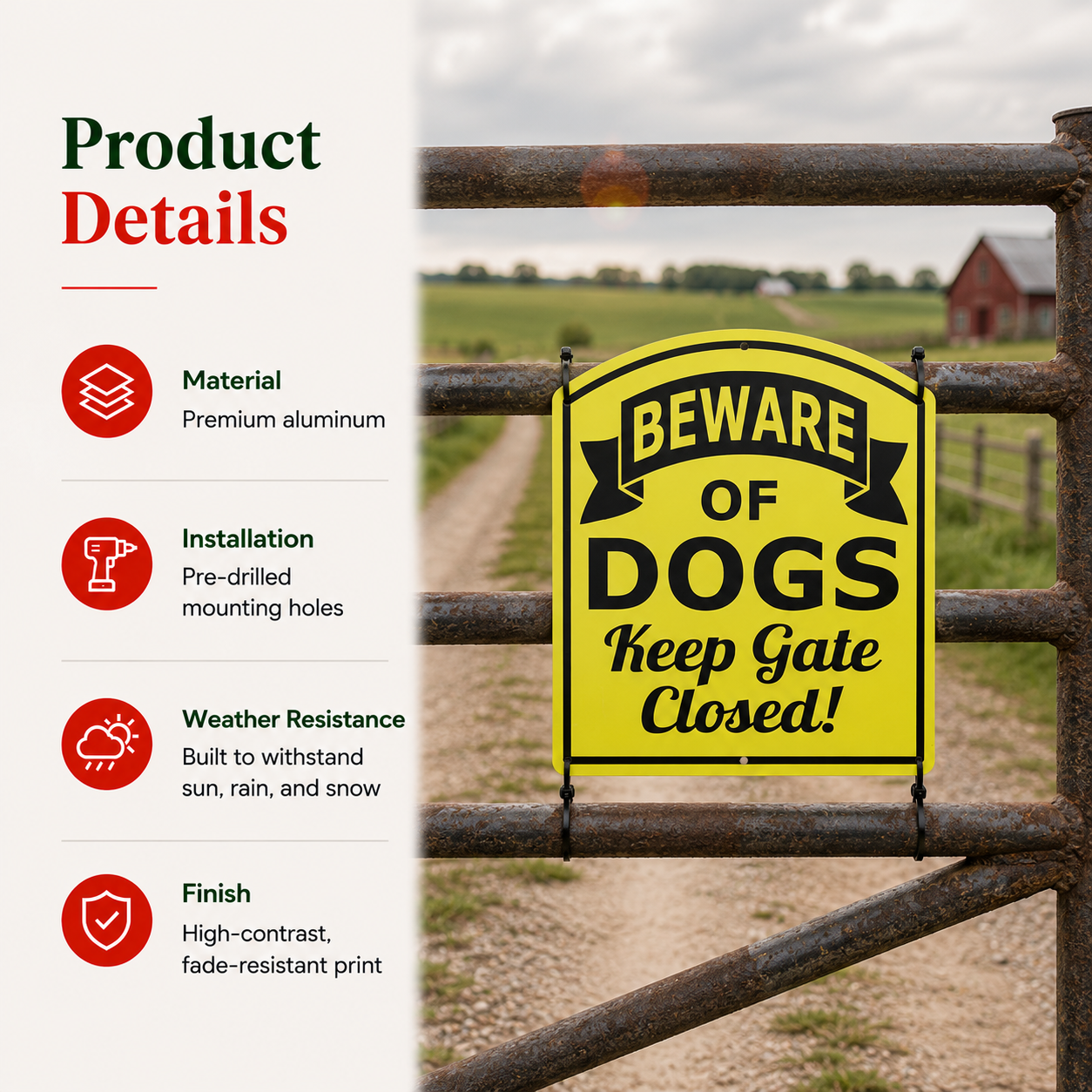Curved Aluminum Beware of Dogs Keep Gate Closed Sign