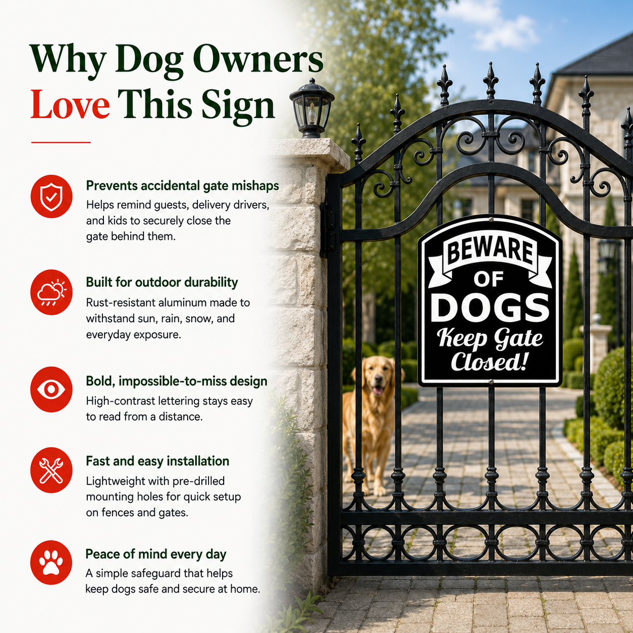 Curved Aluminum Beware of Dogs Keep Gate Closed Sign