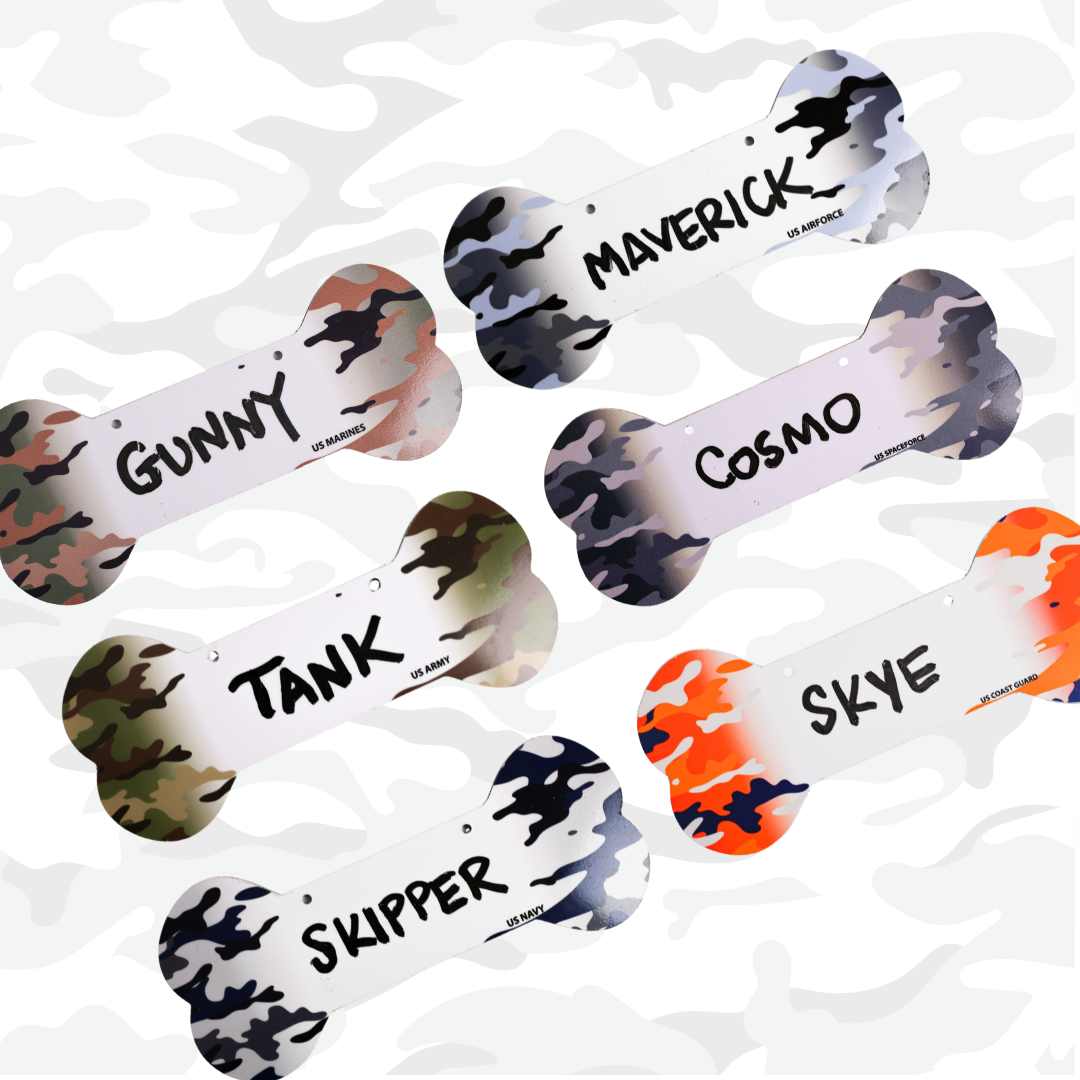 Proud Paws Military Camo Dog Bone Crate Tag — Writable Aluminum | All Branches | Noble Heritage