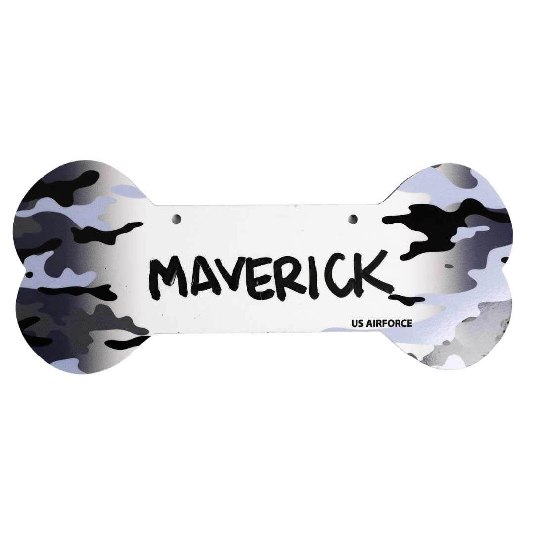 Proud Paws Military Camo Dog Bone Crate Tag — Writable Aluminum | All Branches | Noble Heritage