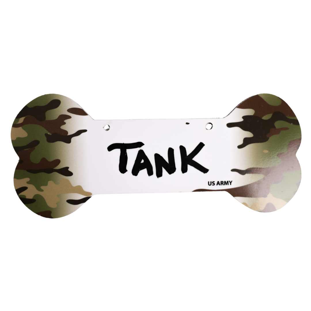 Proud Paws Military Camo Dog Bone Crate Tag — Writable Aluminum | All Branches | Noble Heritage