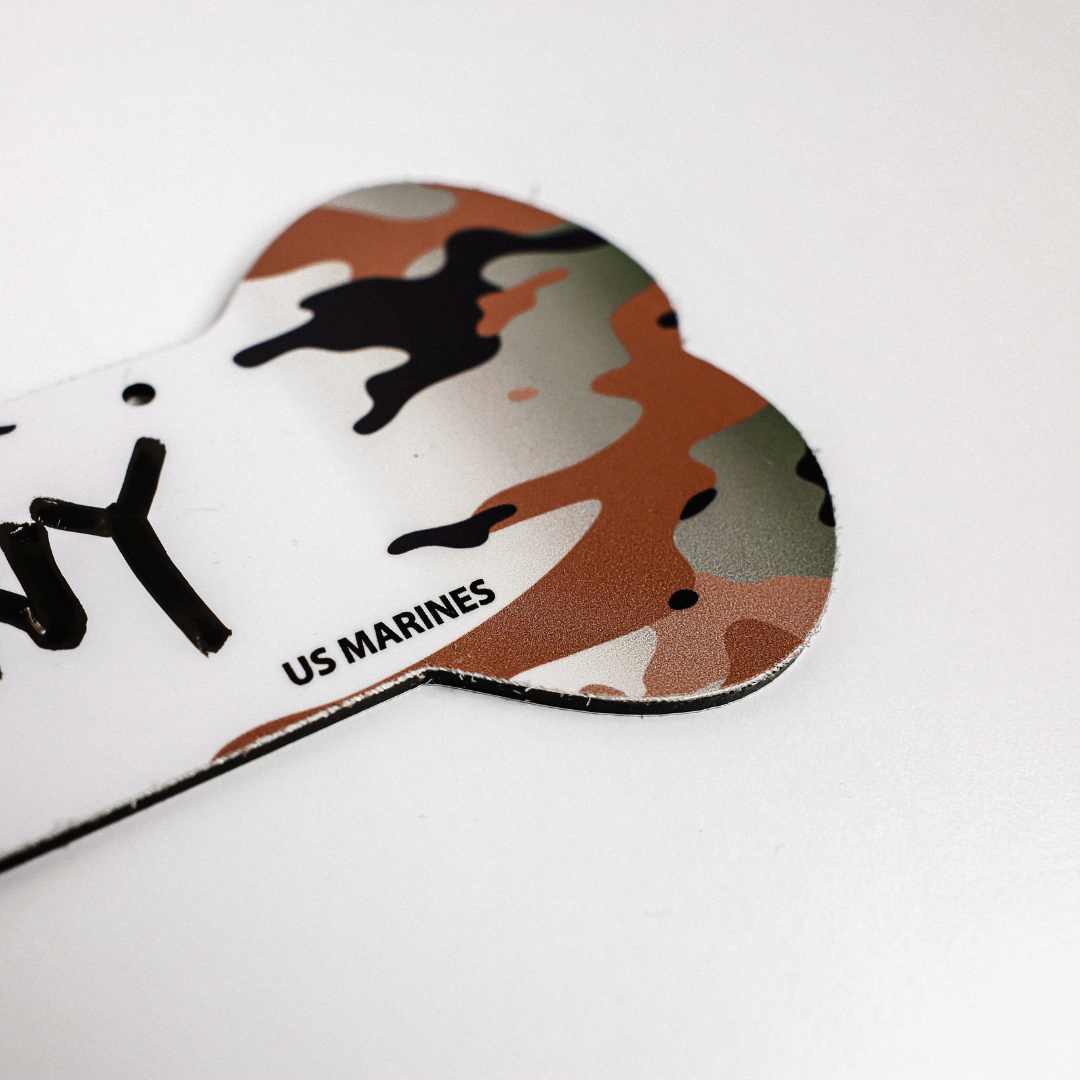 Proud Paws Military Camo Dog Bone Crate Tag — Writable Aluminum | All Branches | Noble Heritage