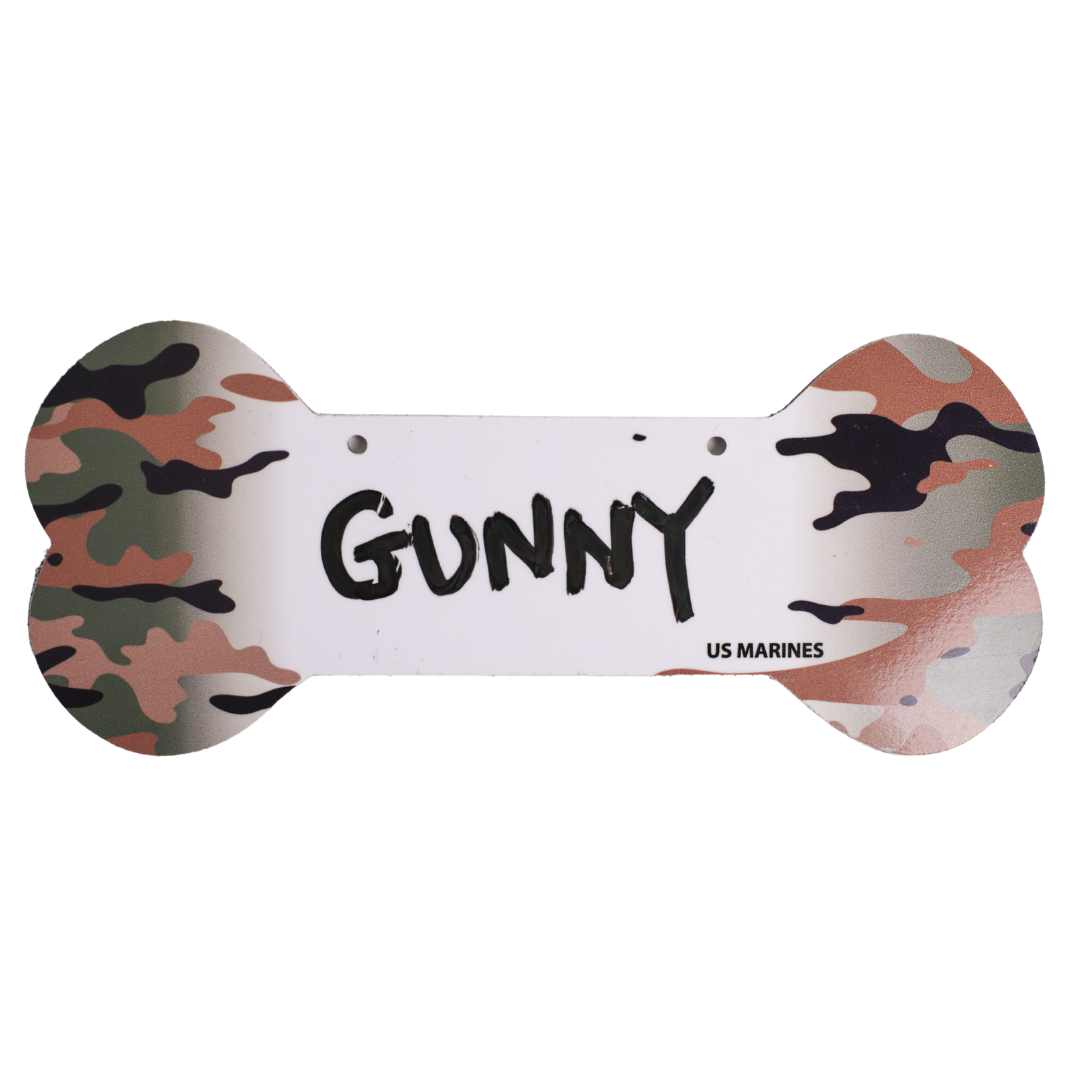 Proud Paws Military Camo Dog Bone Crate Tag — Writable Aluminum | All Branches | Noble Heritage