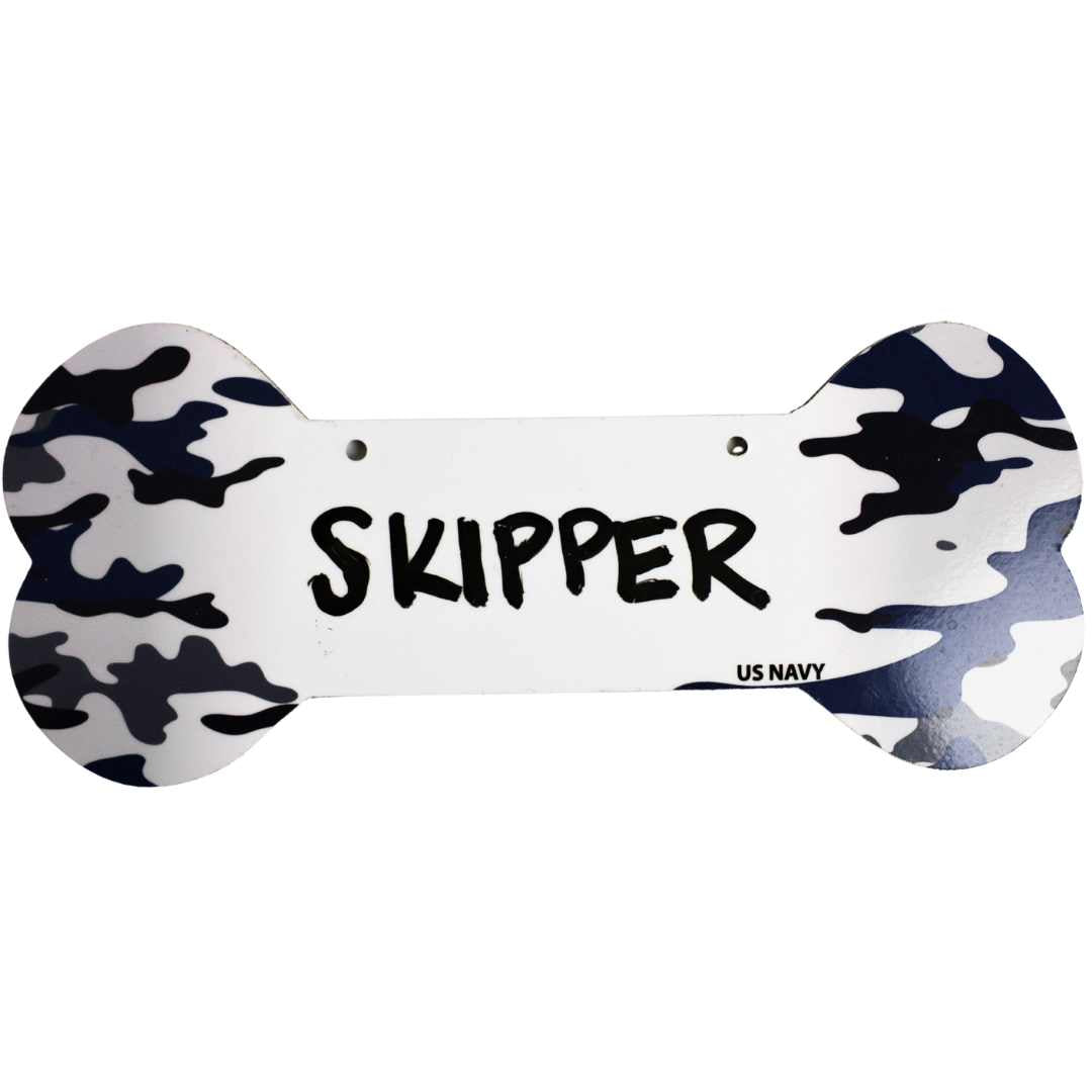 Proud Paws Military Camo Dog Bone Crate Tag — Writable Aluminum | All Branches | Noble Heritage