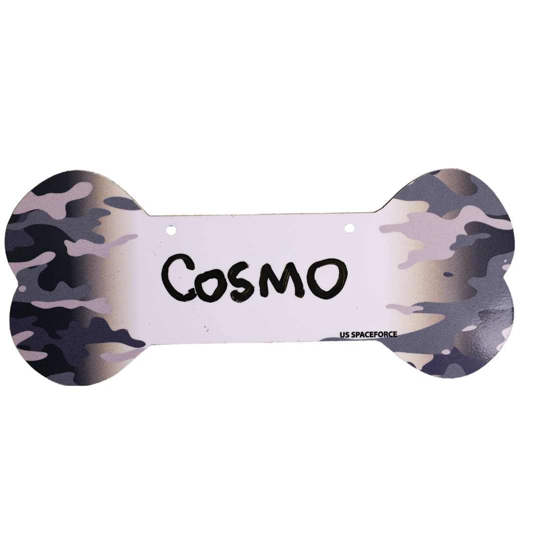 Proud Paws Military Camo Dog Bone Crate Tag — Writable Aluminum | All Branches | Noble Heritage