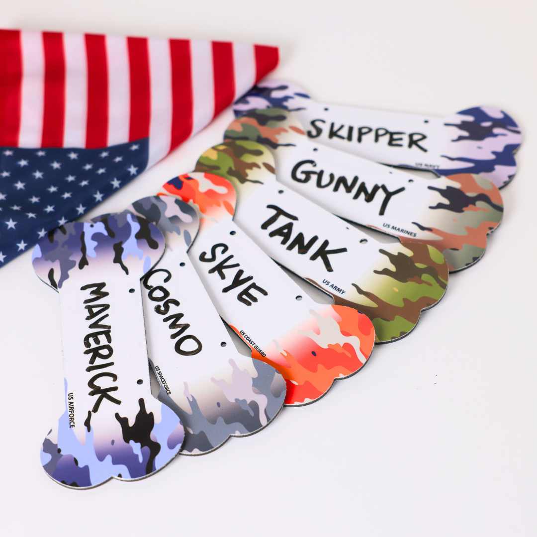 Proud Paws Military Camo Dog Bone Crate Tag — Writable Aluminum | All Branches | Noble Heritage
