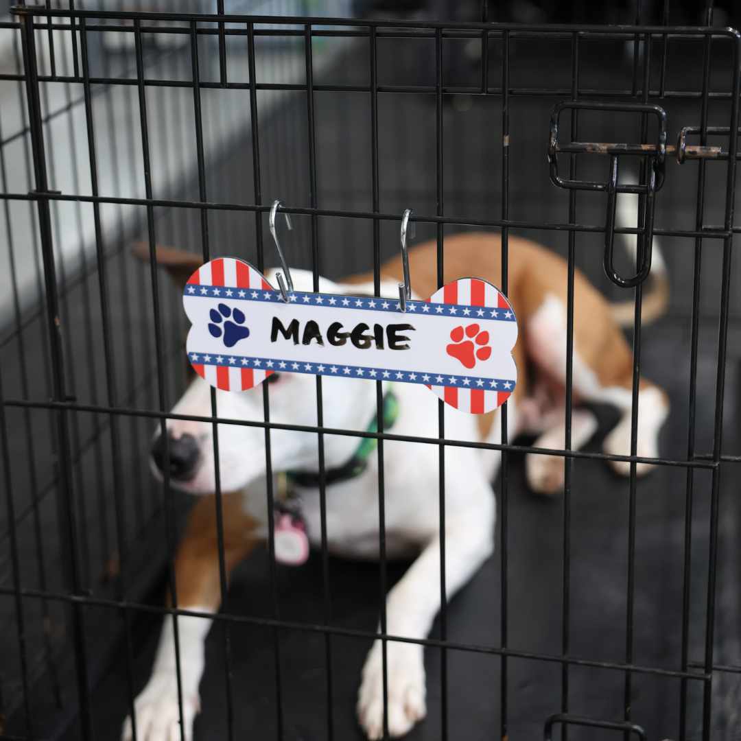 Aluminum Writable Dog Bone Crate Tag | Patriotic Personalized Pet ID Sign | Proud Paws Collection | 4th of July Dog Gifts