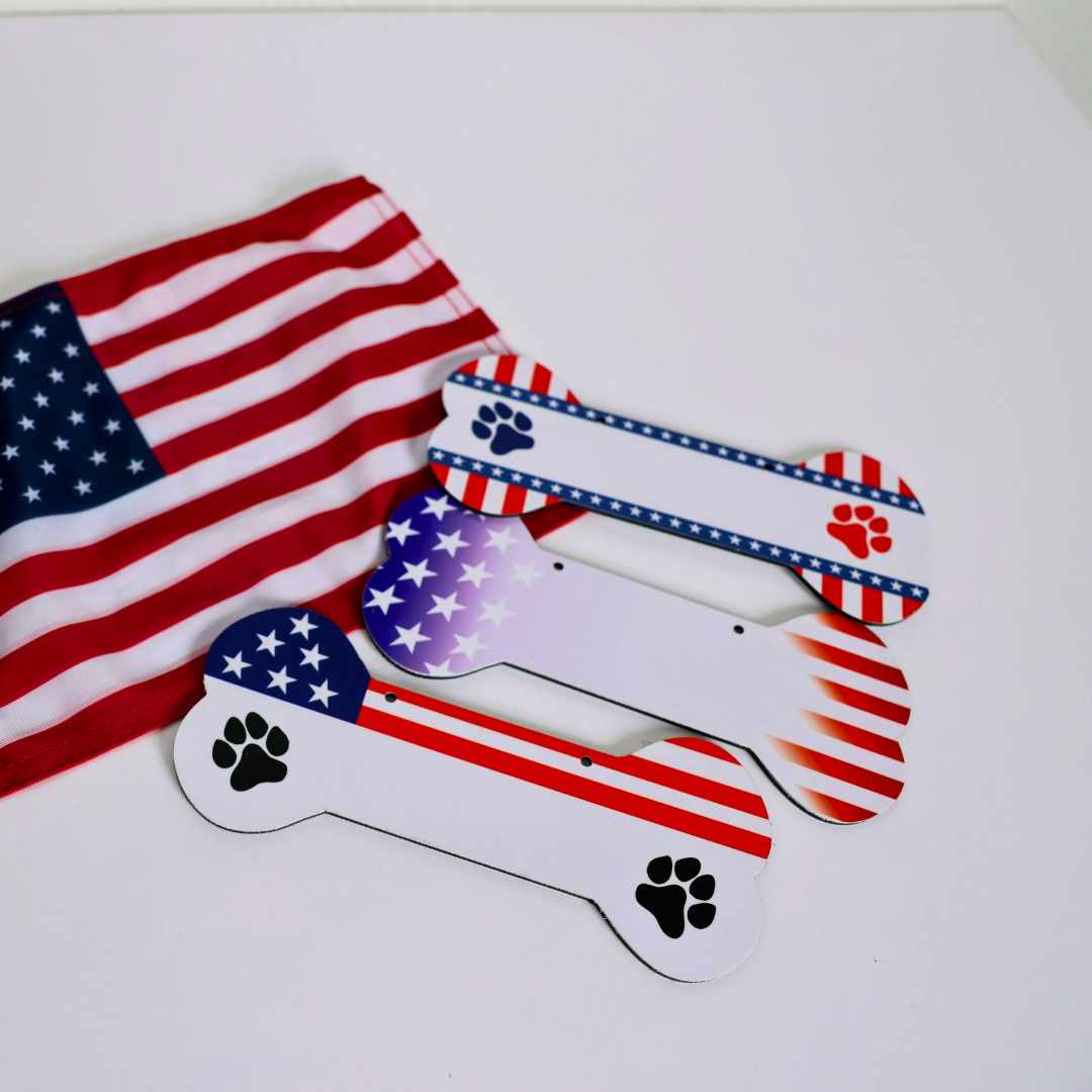 Aluminum Writable Dog Bone Crate Tag | Patriotic Personalized Pet ID Sign | Proud Paws Collection | 4th of July Dog Gifts