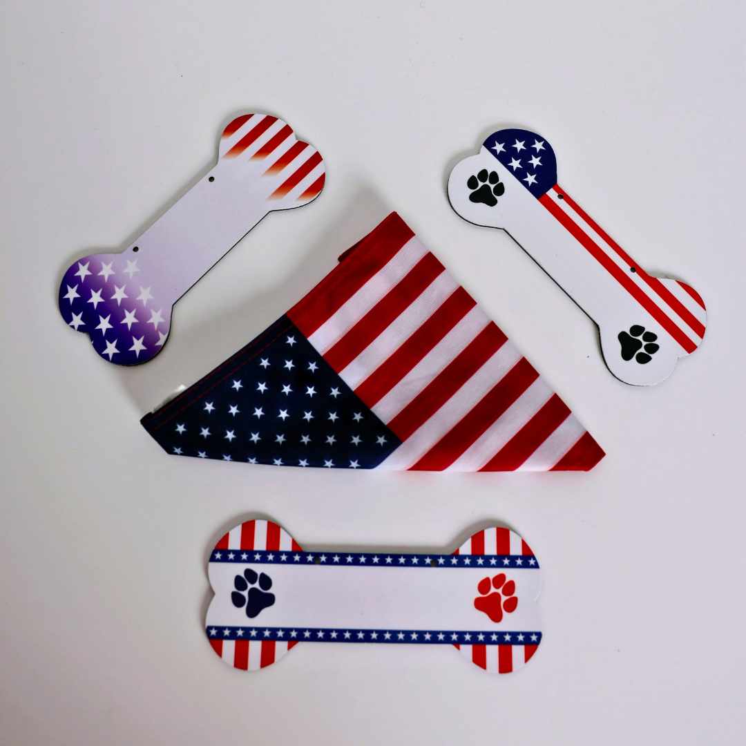 Aluminum Writable Dog Bone Crate Tag | Patriotic Personalized Pet ID Sign | Proud Paws Collection | 4th of July Dog Gifts