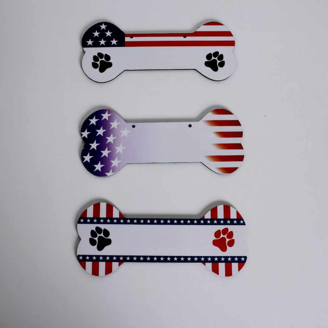 Aluminum Writable Dog Bone Crate Tag | Patriotic Personalized Pet ID Sign | Proud Paws Collection | 4th of July Dog Gifts