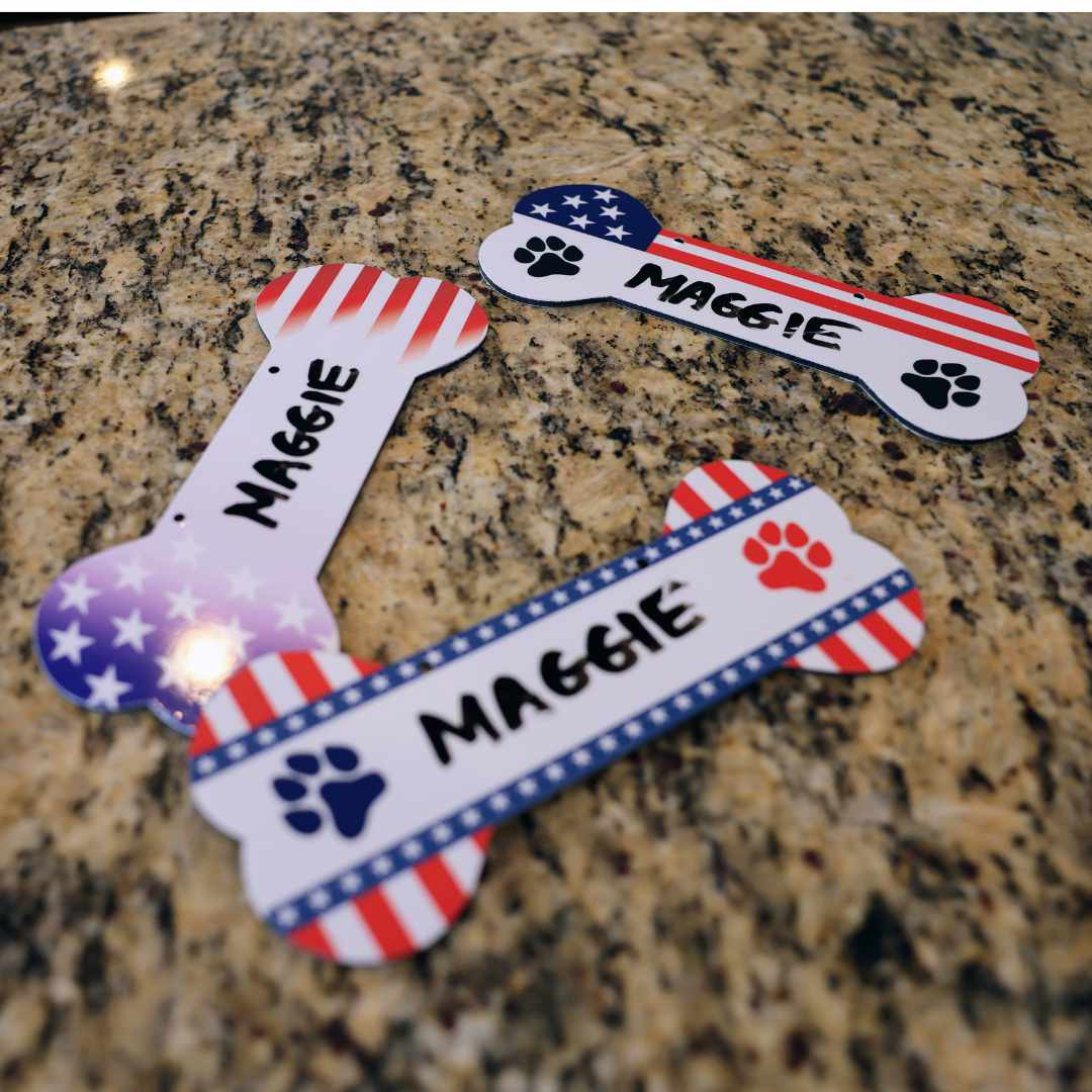 Aluminum Writable Dog Bone Crate Tag | Patriotic Personalized Pet ID Sign | Proud Paws Collection | 4th of July Dog Gifts