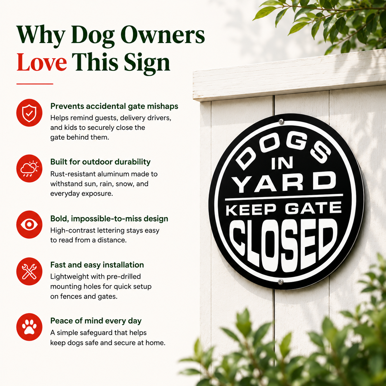 Circular Aluminum Dogs in Yard Keep Gate Closed Sign