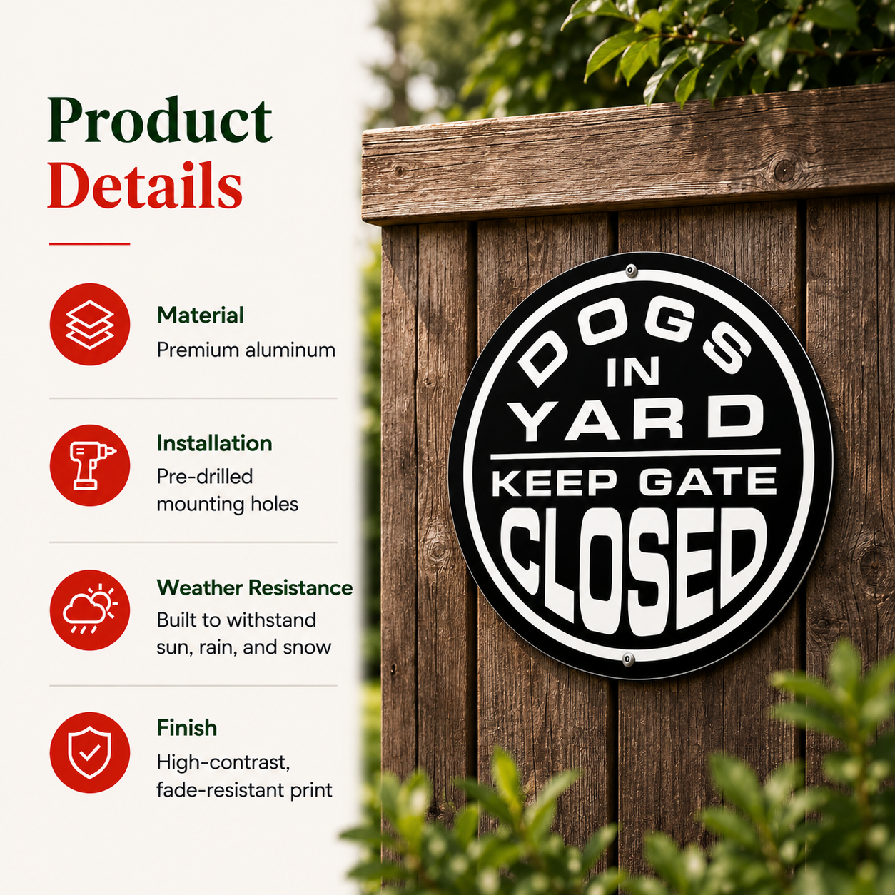 Circular Aluminum Dogs in Yard Keep Gate Closed Sign