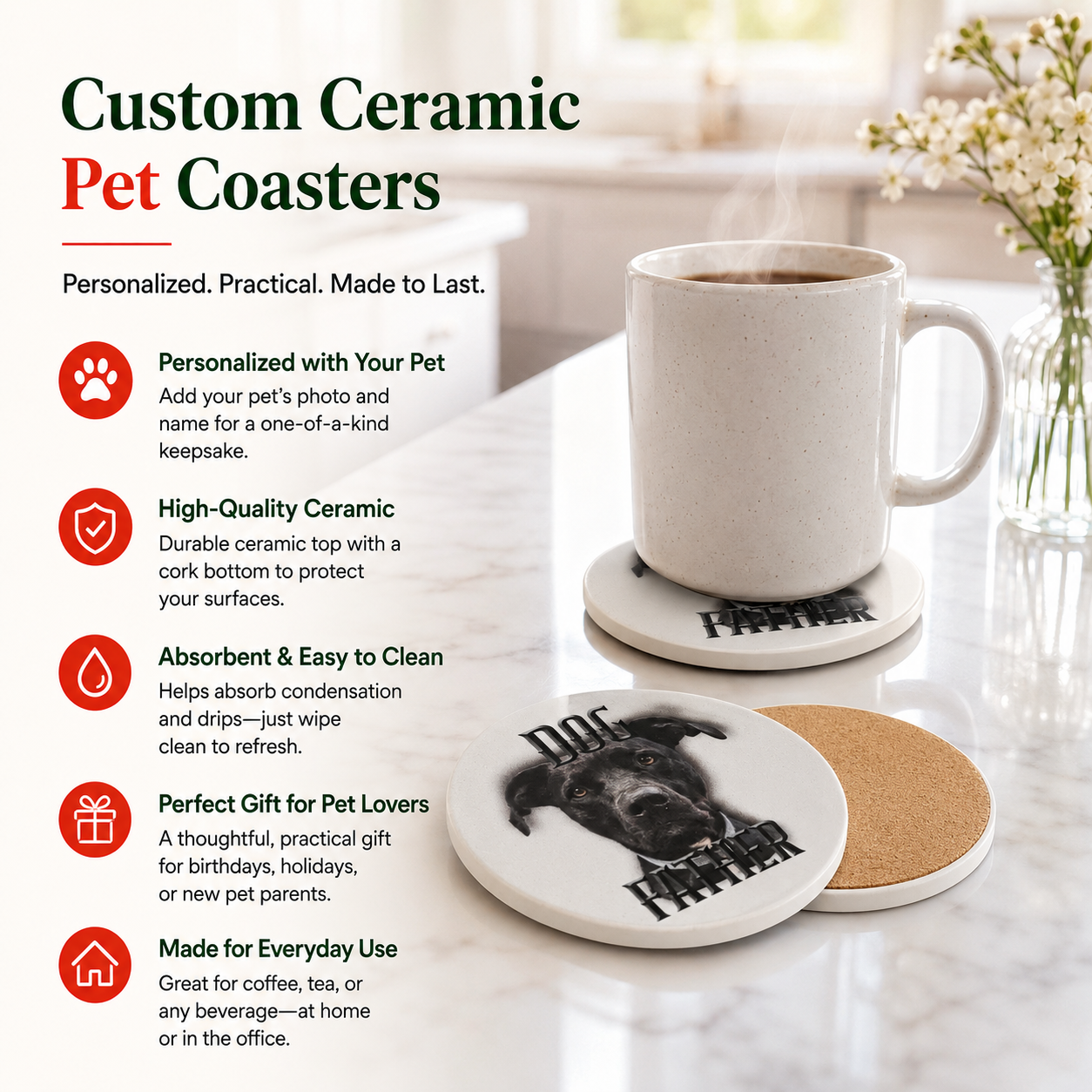Custom Ceramic Pet Coasters with Cork Bottom