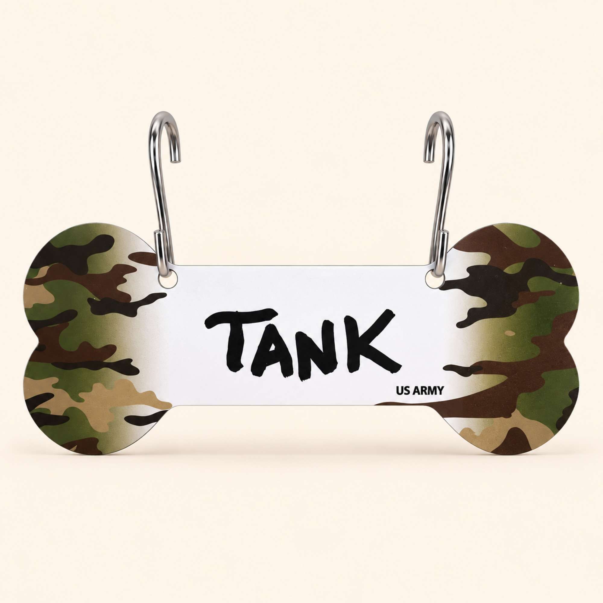 Proud Paws Military Camo Dog Bone Crate Tag — Writable Aluminum | All Branches | Noble Heritage