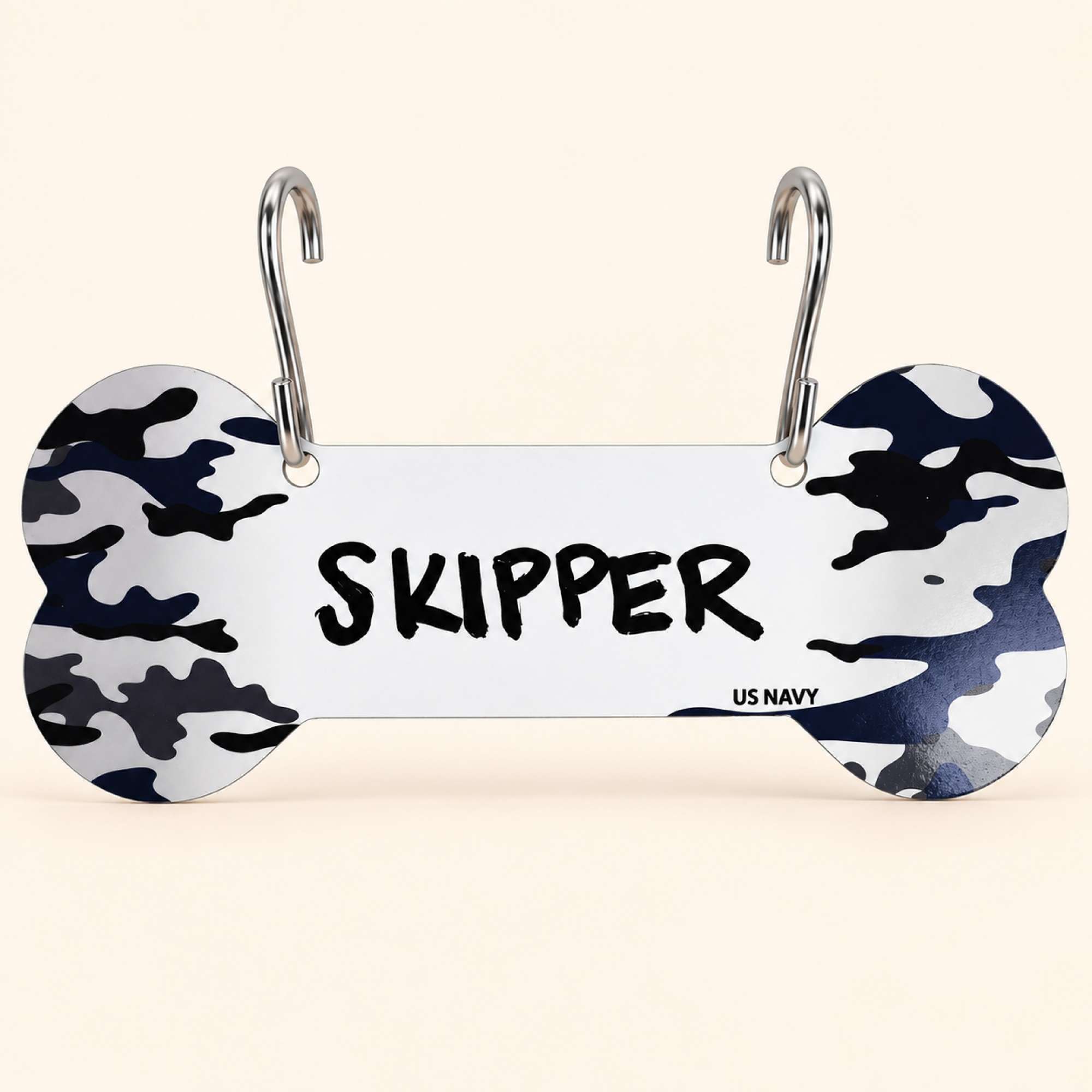 Proud Paws Military Camo Dog Bone Crate Tag — Writable Aluminum | All Branches | Noble Heritage