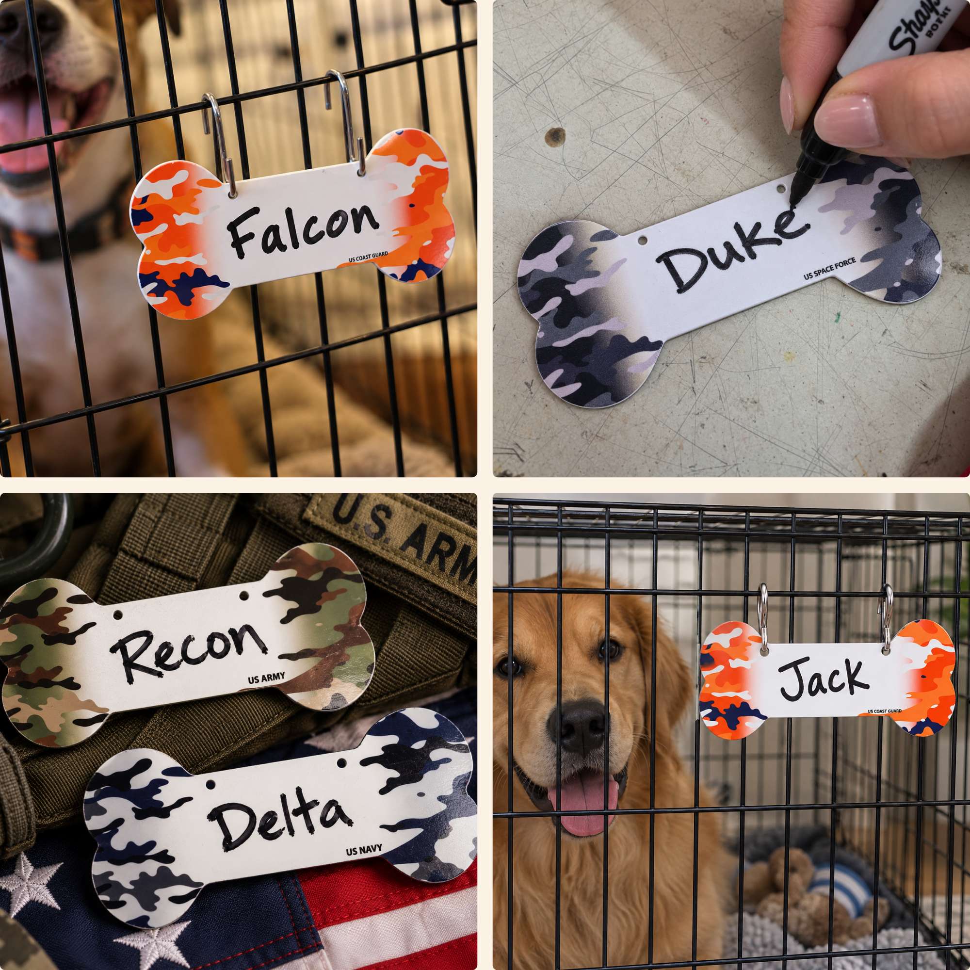 Proud Paws Military Camo Dog Bone Crate Tag — Writable Aluminum | All Branches | Noble Heritage