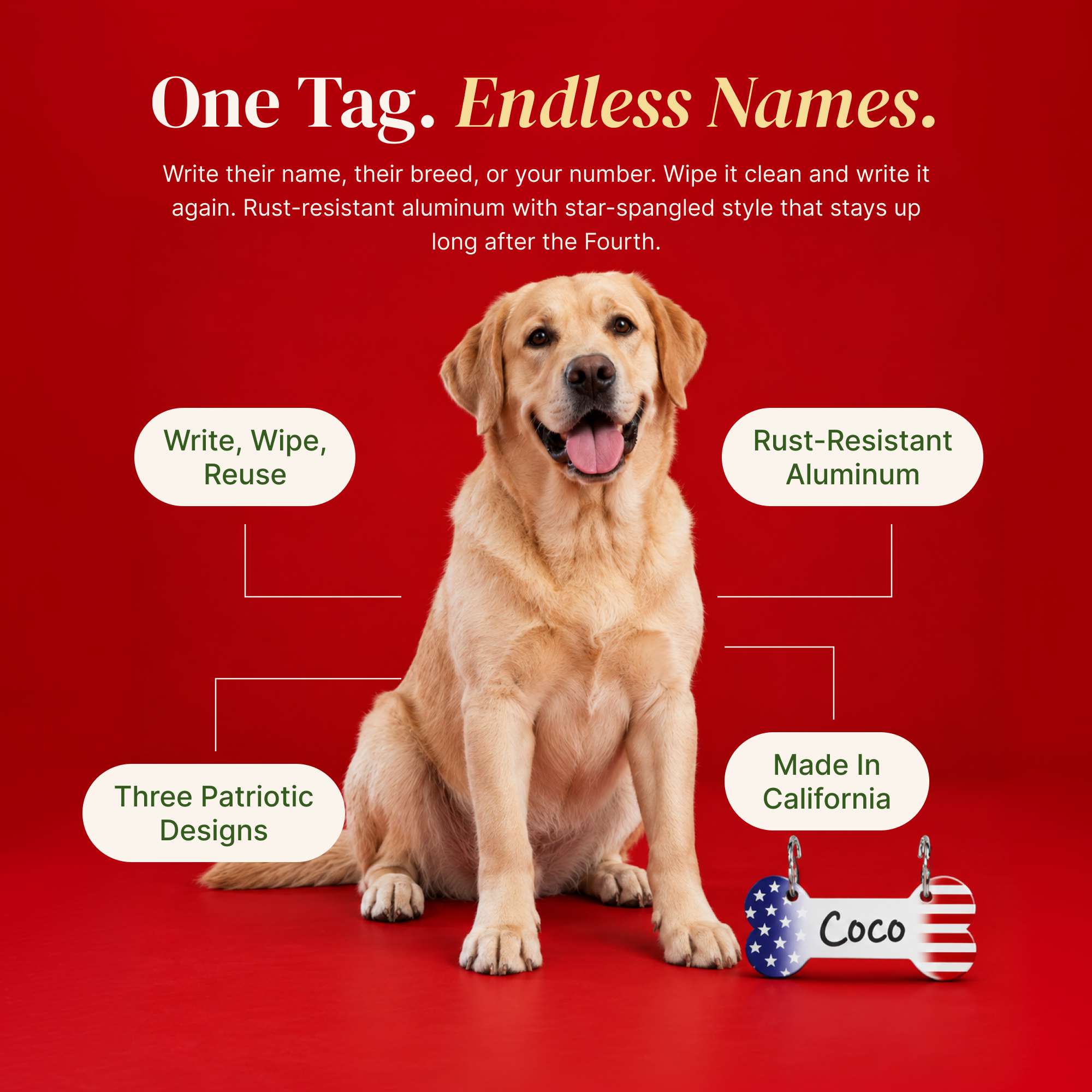 Aluminum Writable Patriotic Dog Bone Crate Tag